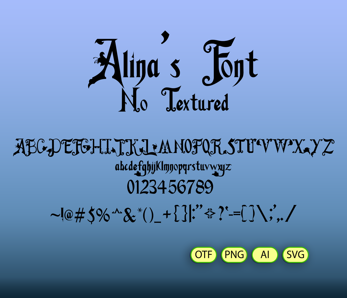 Display of 'Alina's Font' on a blue background with text and file format options.