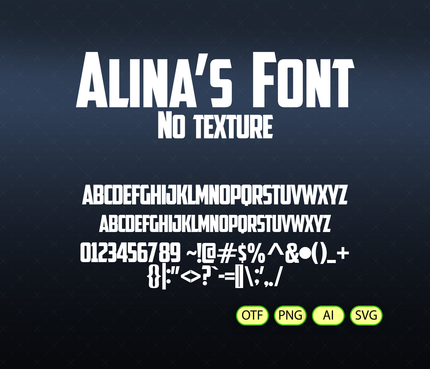 Display of 'Alina's Font' with alphabet and numbers on a dark background