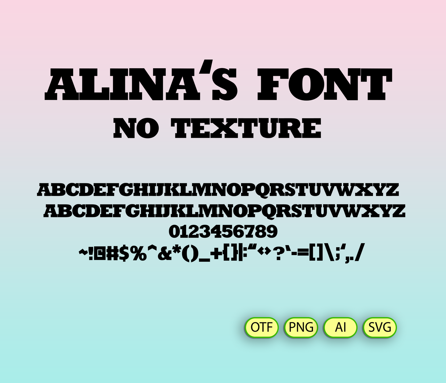 Display of 'Alina's Font' with text and file format options on a gradient background.