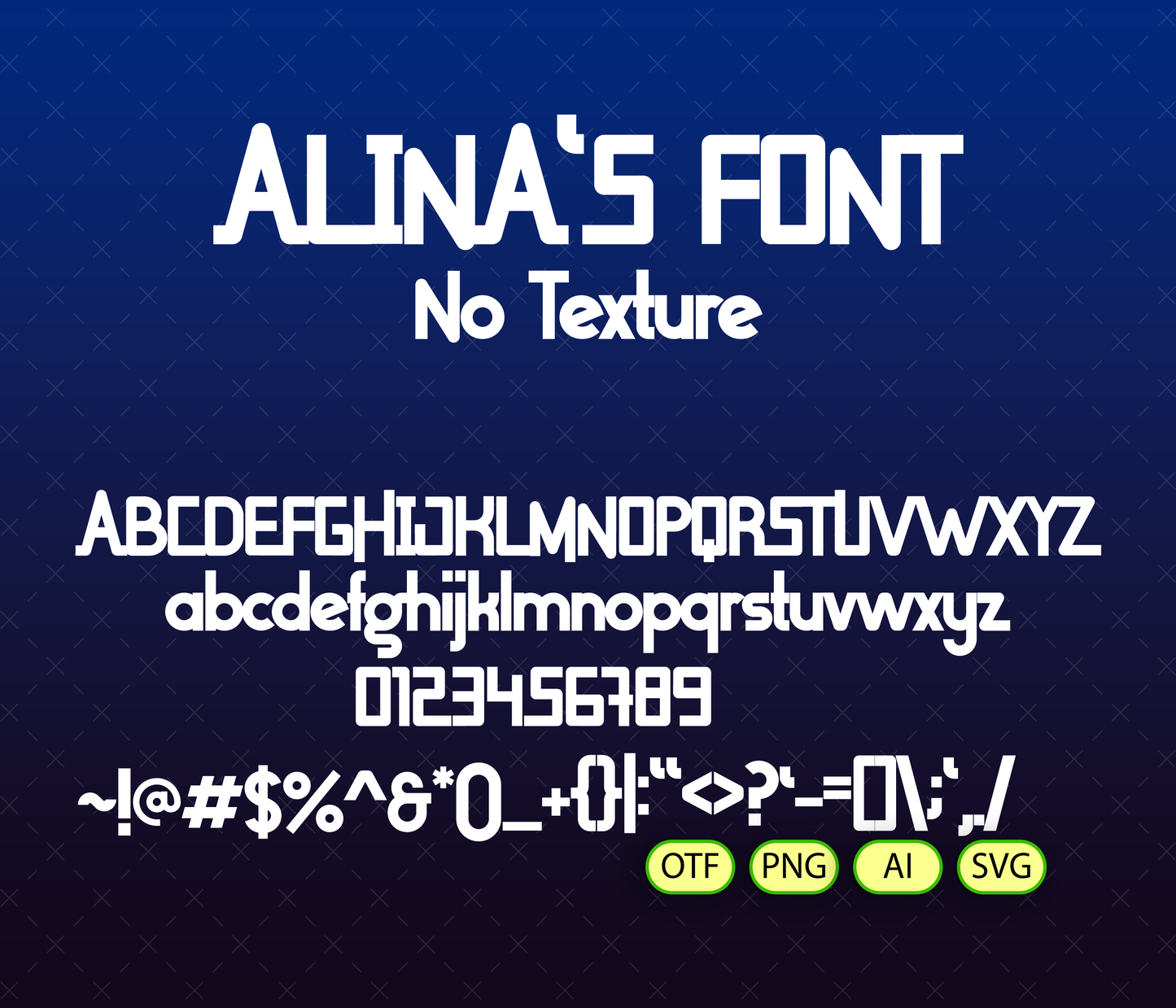 Display of 'Alina's Font' with letters, numbers, and symbols on a blue textured background.