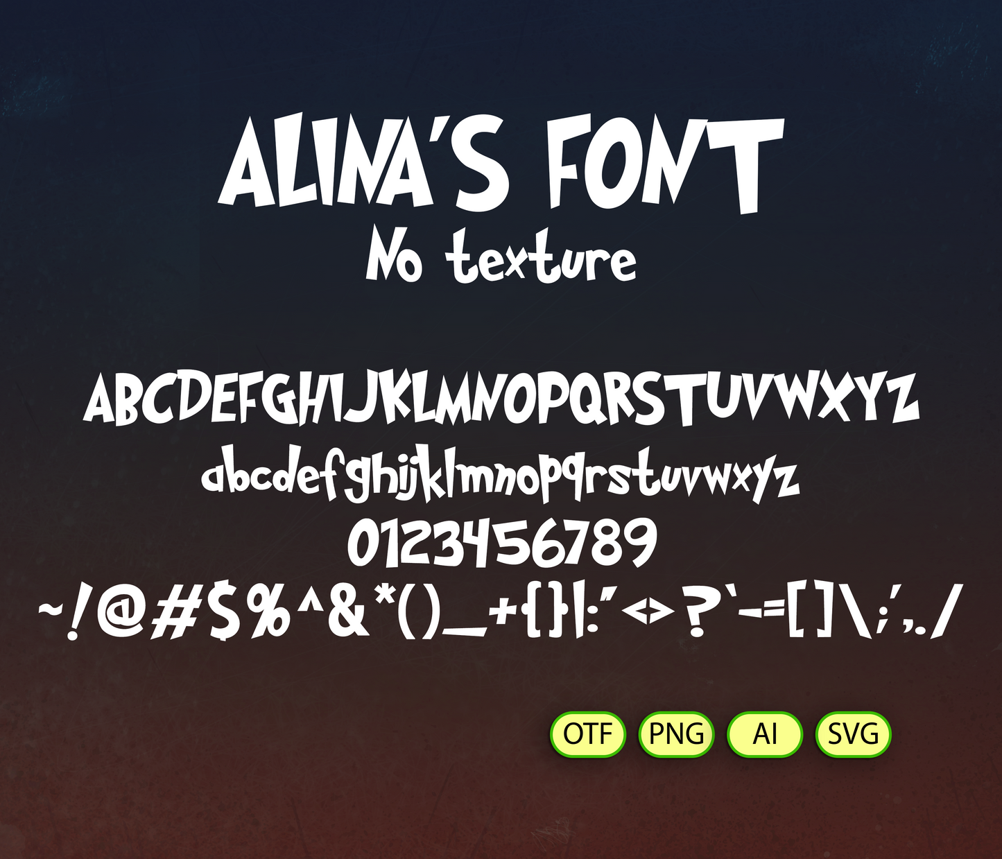 Display of 'Alina's Font' with letters, numbers, and symbols on a dark background.