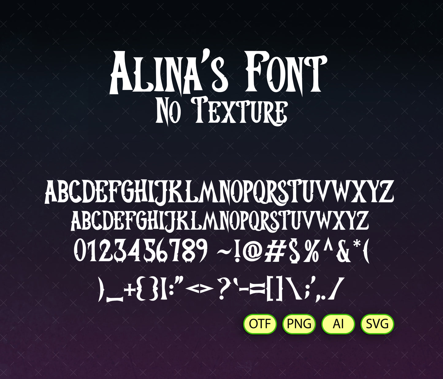 Display of 'Alina's Font' with text and symbols on a dark background
