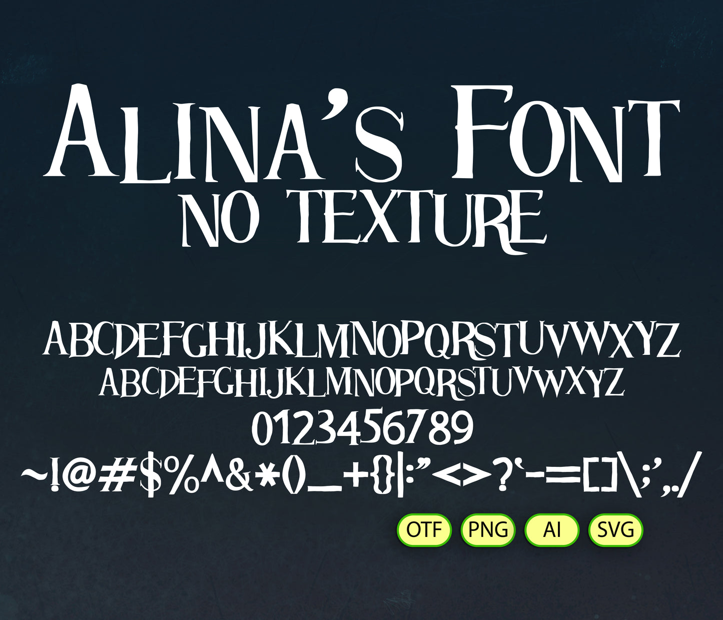 Display of 'Alina's Font' with text and character set on a dark background