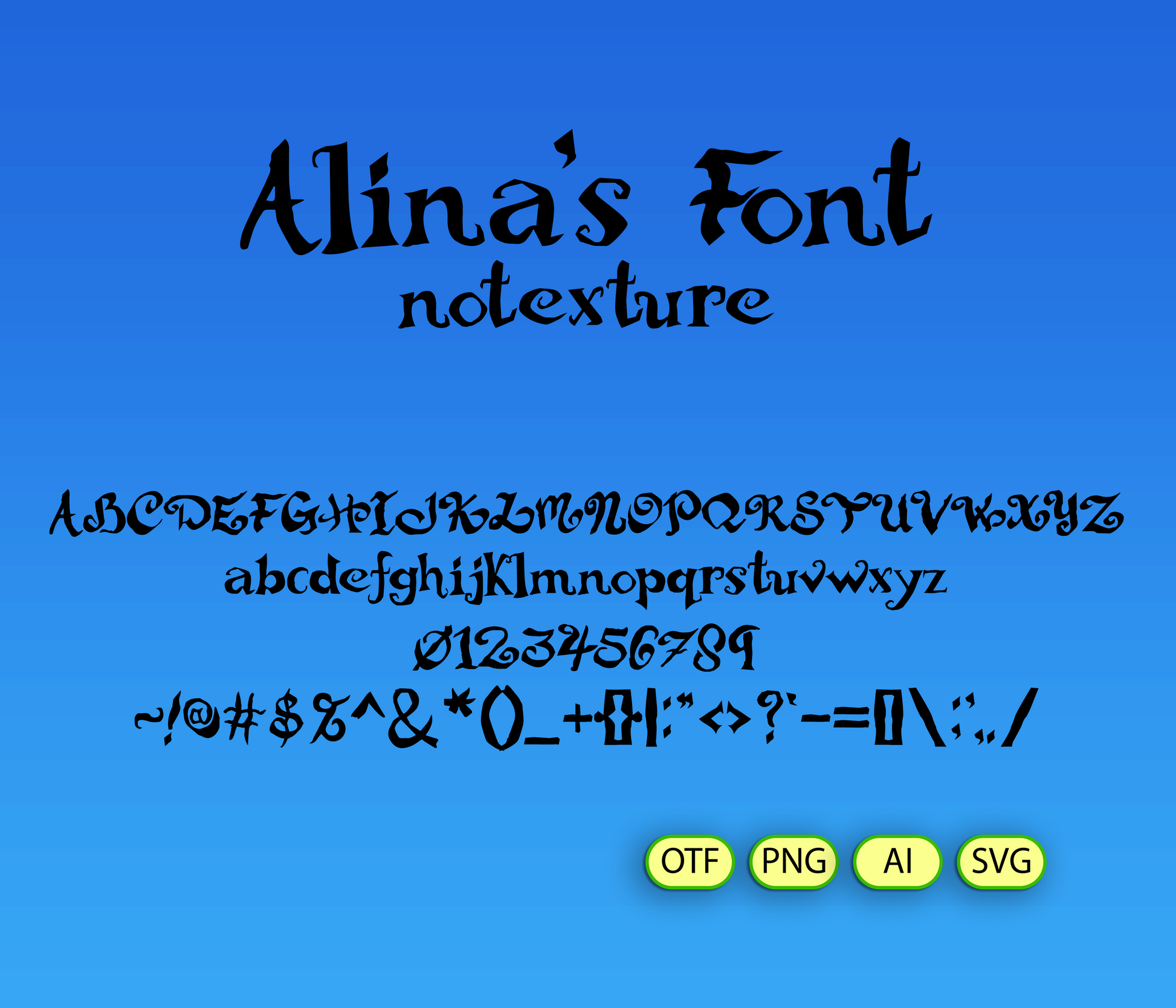 Display of 'Alina's Font' on a blue background with font examples.