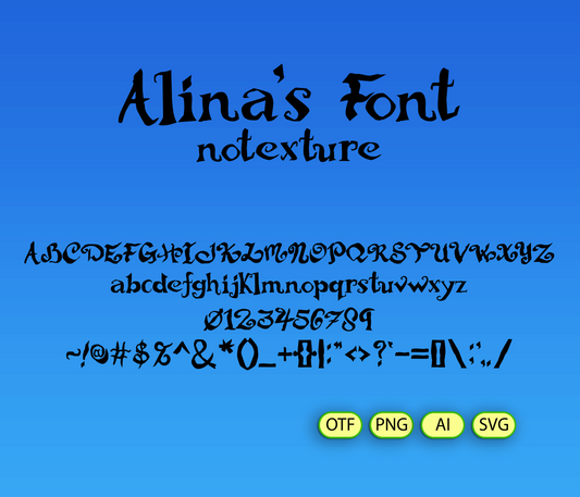 Display of 'Alina's Font' on a blue background with font examples.