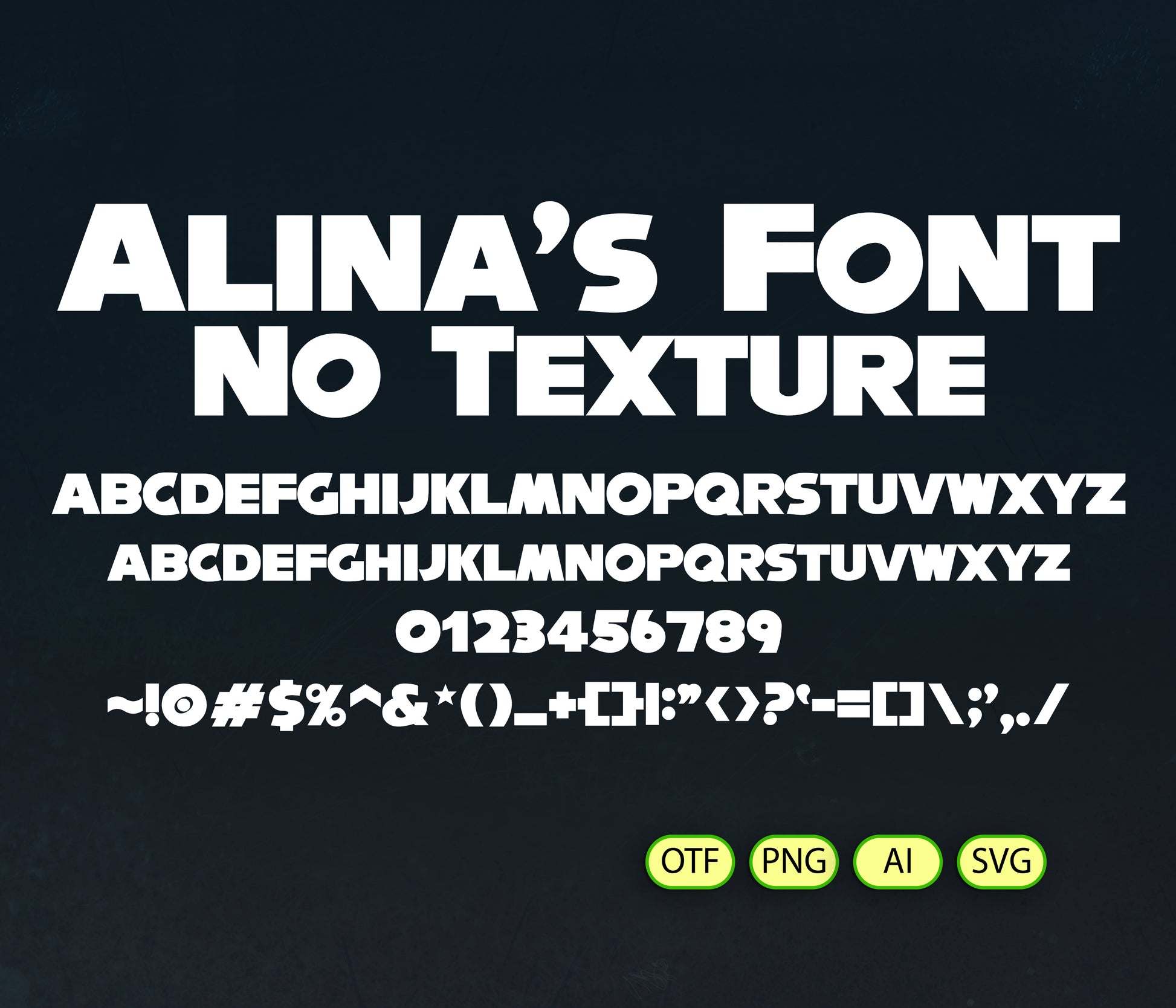 Display of 'Alina's Font No Texture' with alphabet and numbers on a black background.