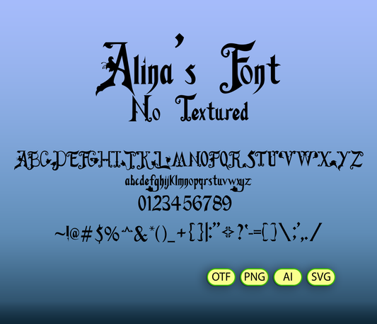 Display of 'Alina's Font' on a blue background with text and file format options.
