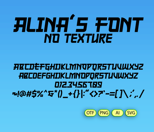Display of 'Alina's Font' with text and character set on a blue background