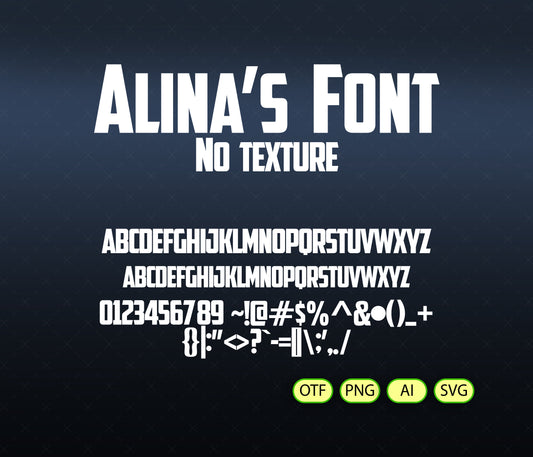 Display of 'Alina's Font' with alphabet and numbers on a dark background