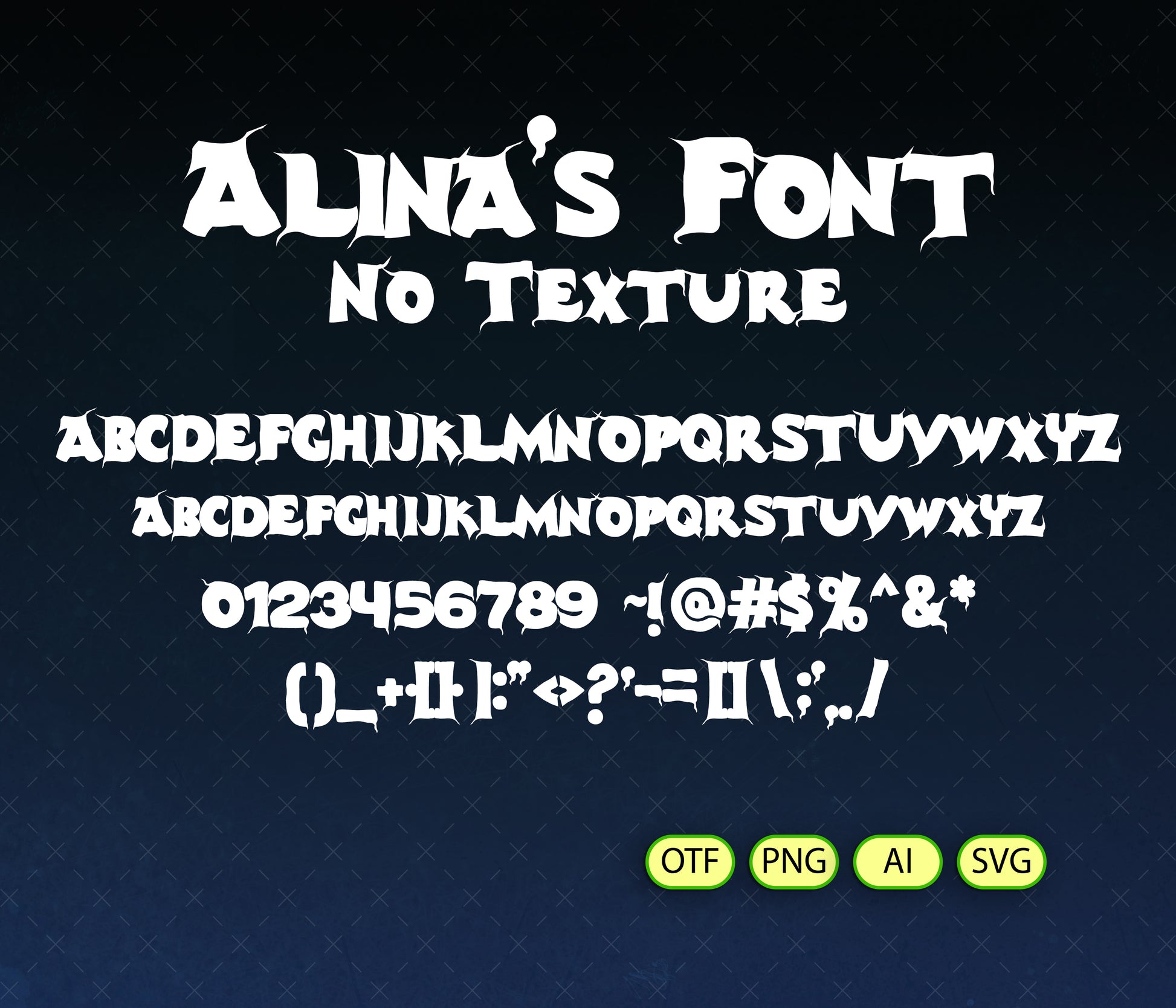 Display of 'Alina's Font' with text and symbols on a dark background
