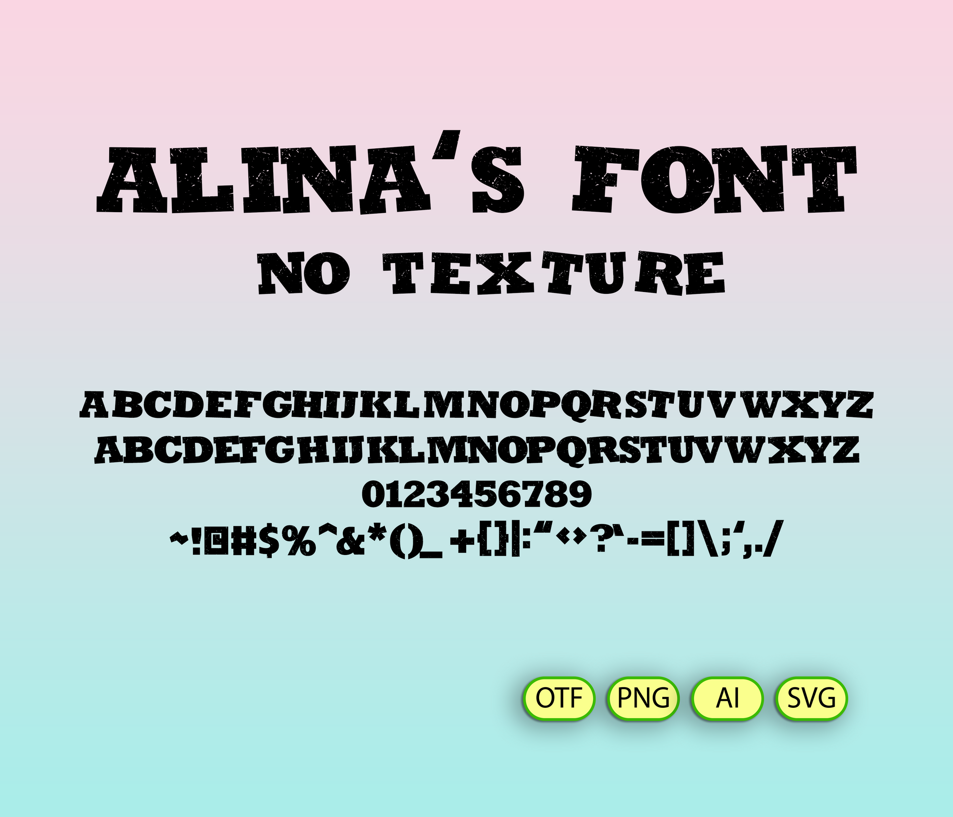 Display of 'Alina's Font' with text and character set on a gradient background