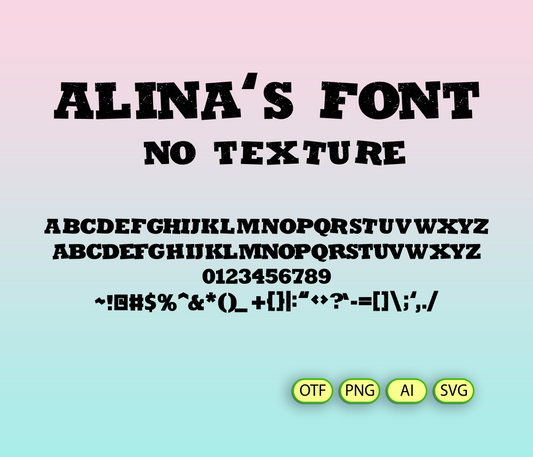 Display of 'Alina's Font' with text and character set on a gradient background