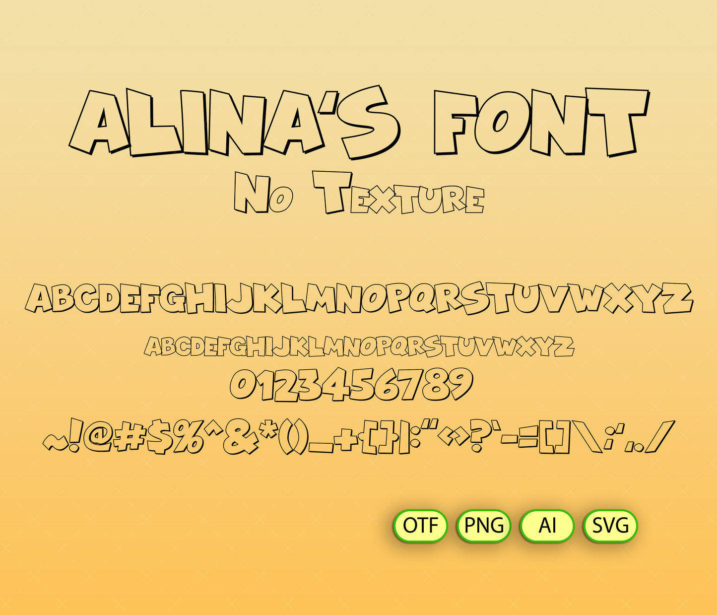 Alina's Font on a yellow background with font samples and file format options.
