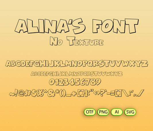 Alina's Font on a yellow background with font samples and file format options.