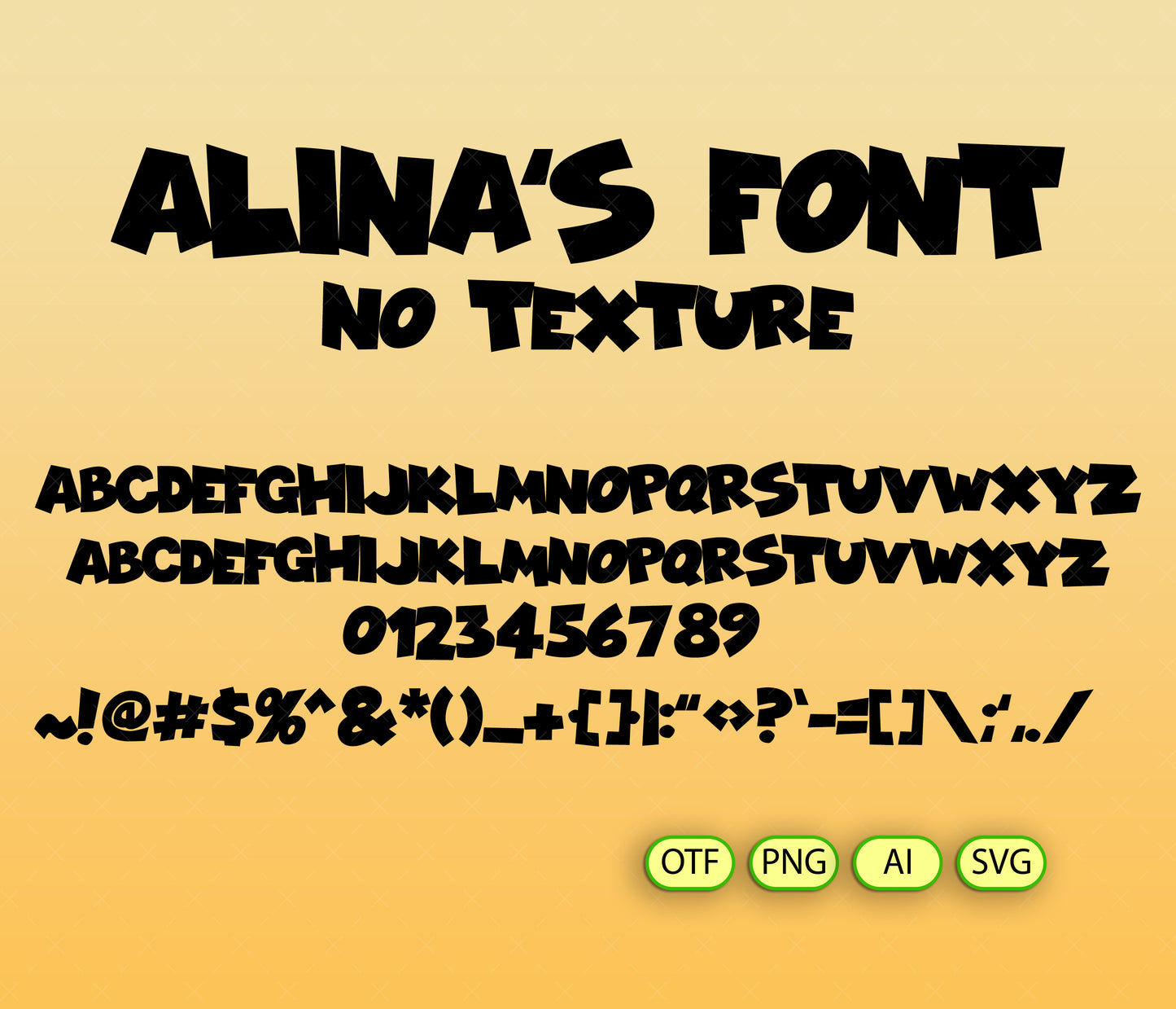 Display of 'Alina's Font' with text and symbols on a beige background