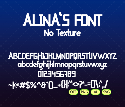 Display of 'Alina's Font' with letters, numbers, and symbols on a blue textured background.