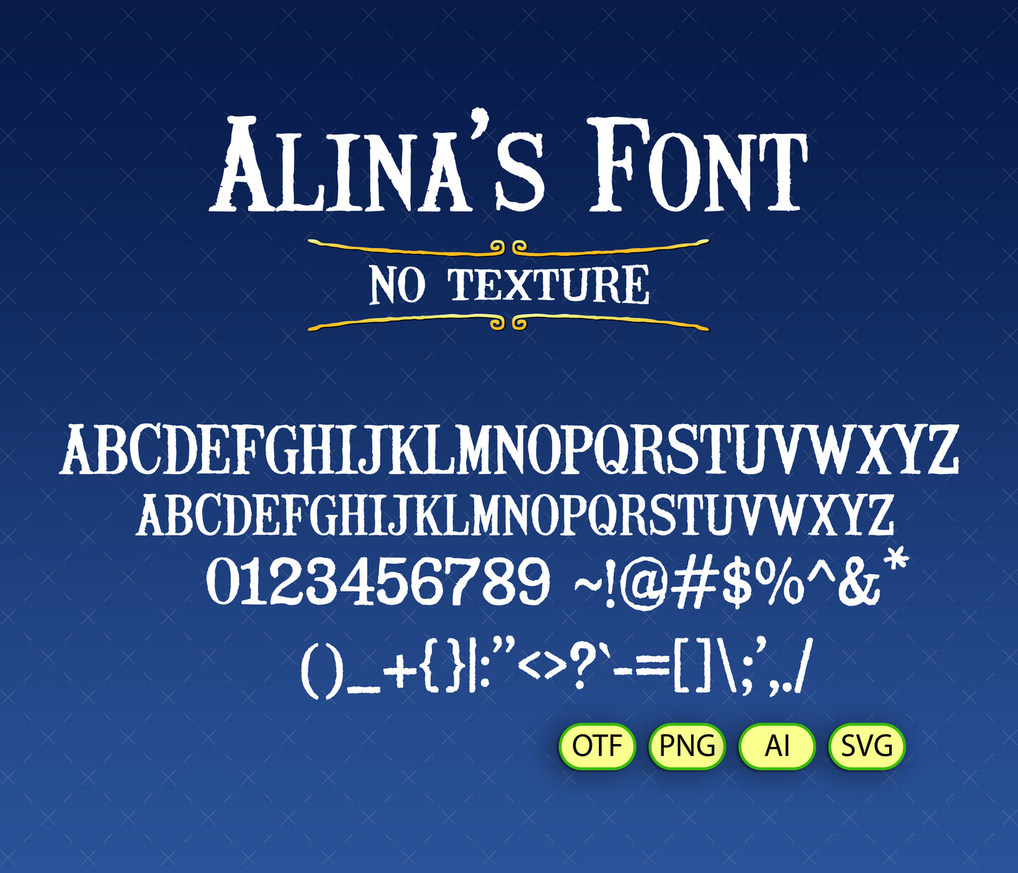 Display of 'Alina's Font' with text and symbols on a blue background