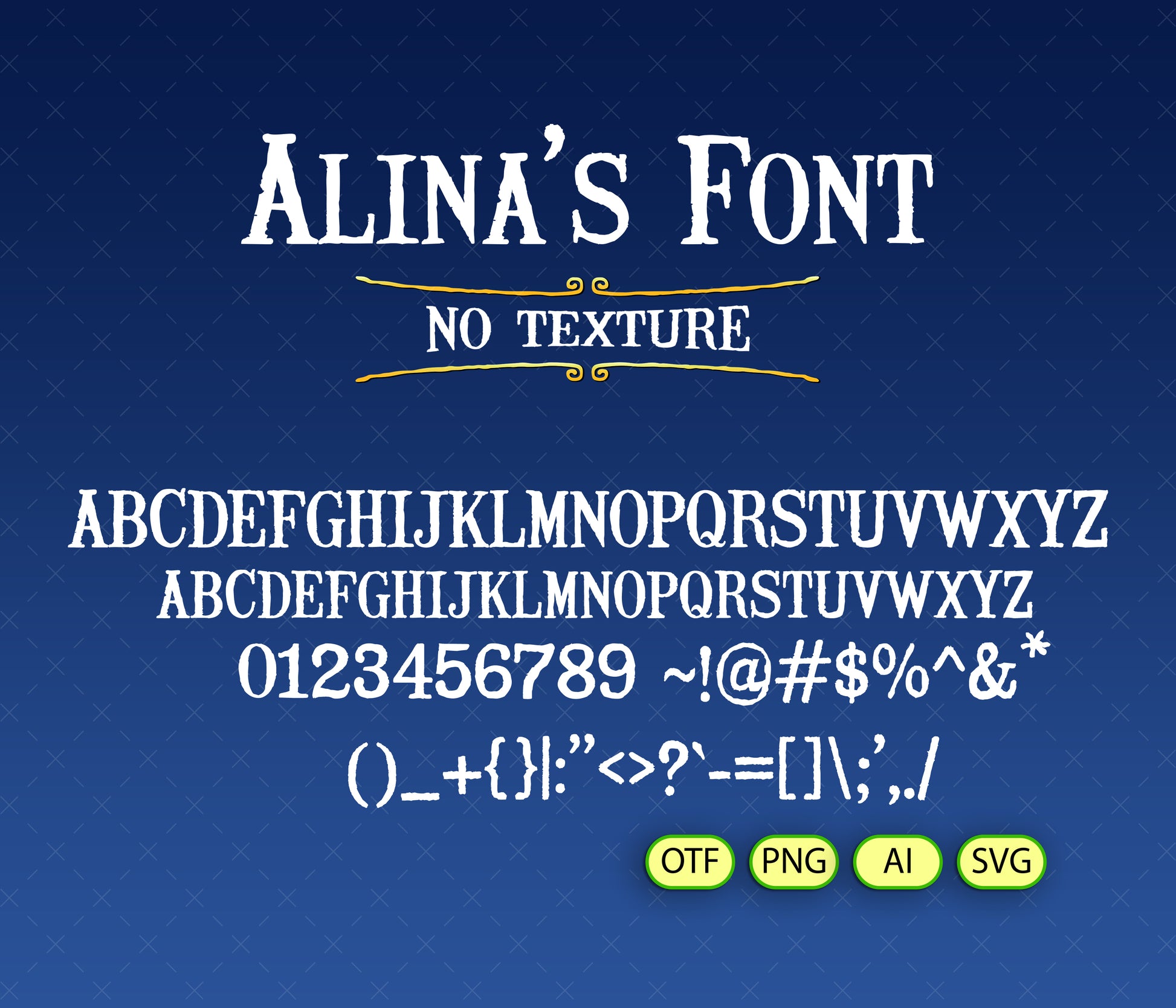 Display of 'Alina's Font' with text and symbols on a blue background