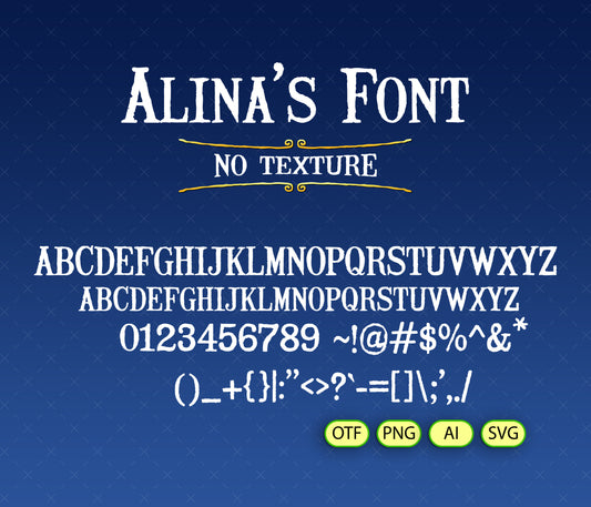 Display of 'Alina's Font' with text and symbols on a blue background