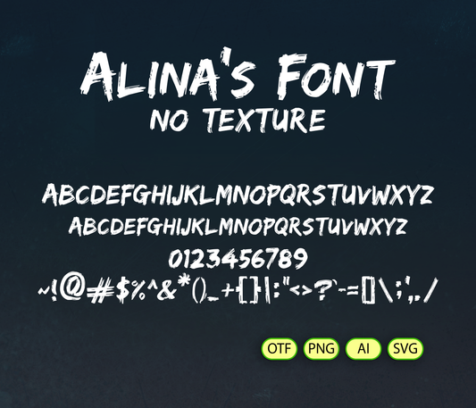 Display of 'Alina's Font' with text and symbols on a dark background