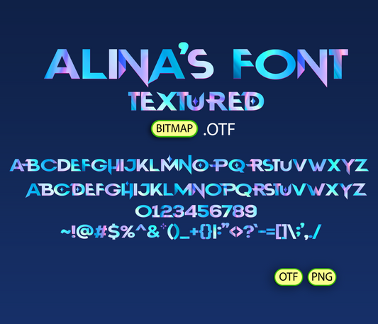 Textured font named 'Alina's Font' with colorful letters and numbers on a dark blue background.
