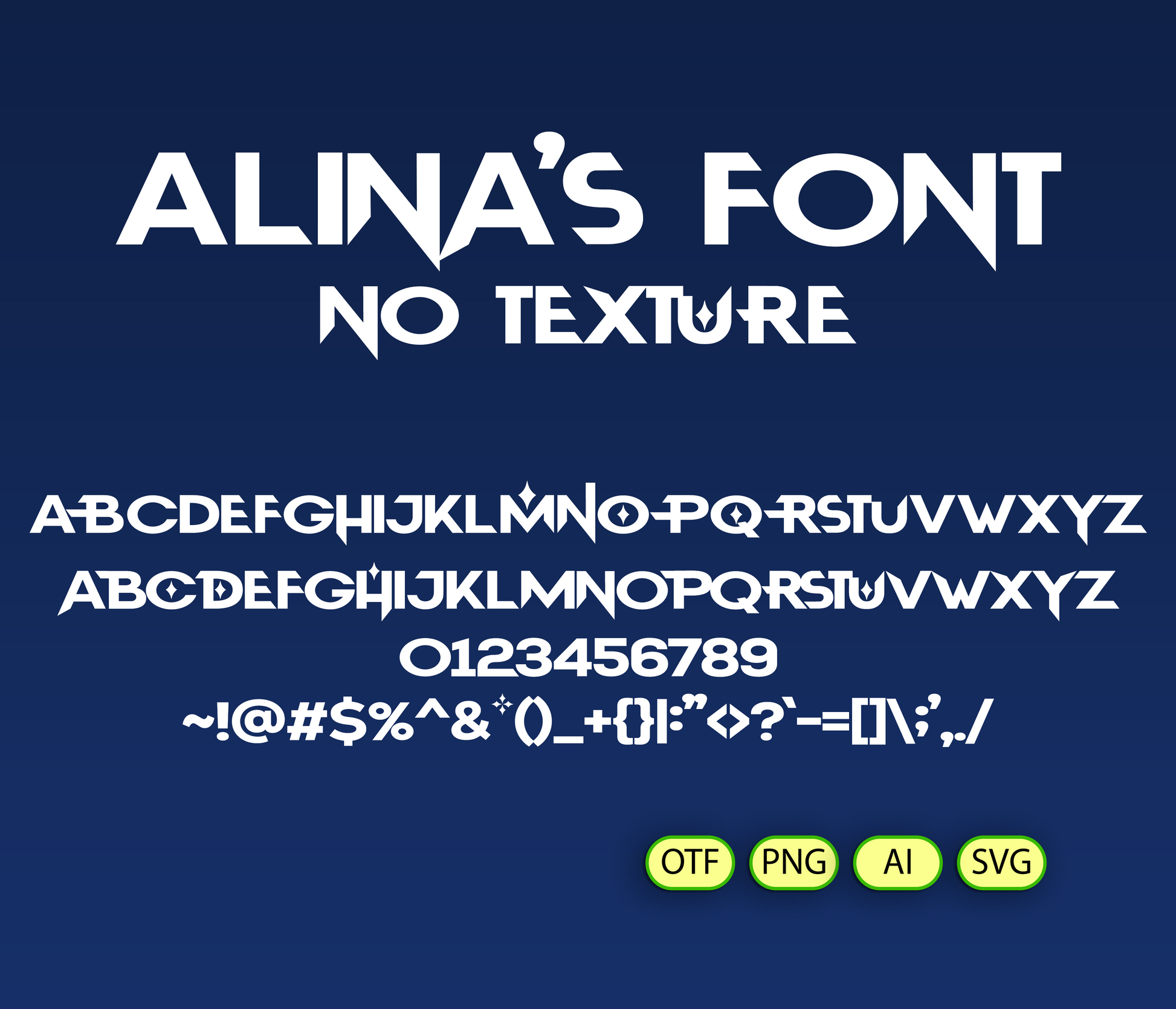 Display of 'Alina's Font' with text and character set on a blue background
