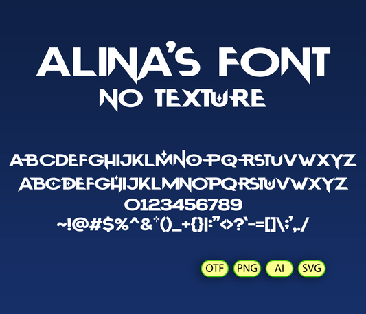 Display of 'Alina's Font' with text and character set on a blue background
