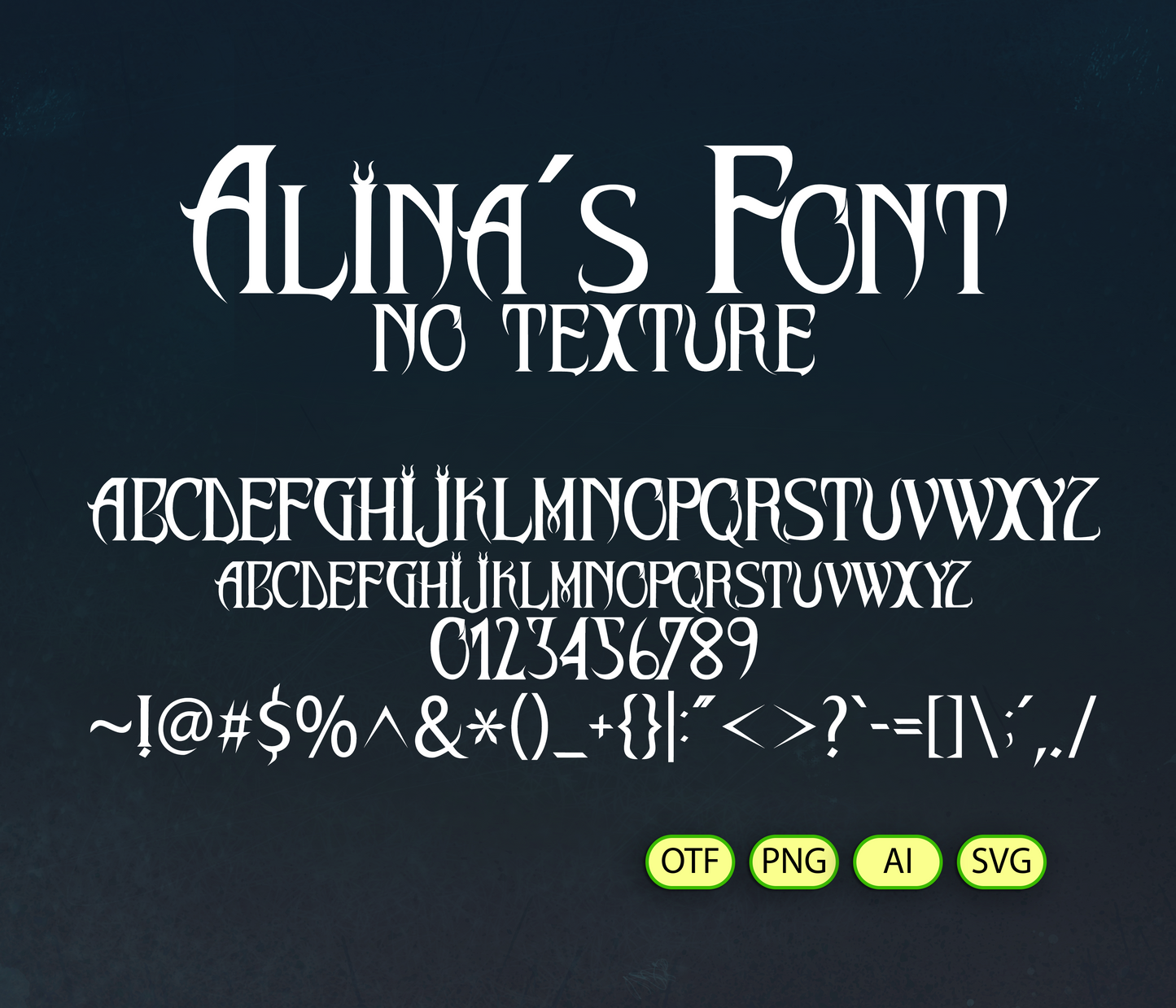 Display of 'Alina's Font' with alphabet and numbers on a dark background