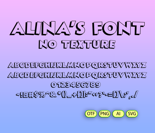 Display of 'Alina's Font' with letters, numbers, and symbols on a purple background.
