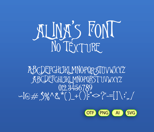 Display of 'Alina's Font' on a blue background with font examples and file format icons.