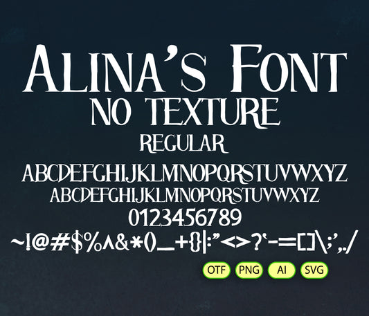 Display of 'Alina's Font' with text and icons on a dark background