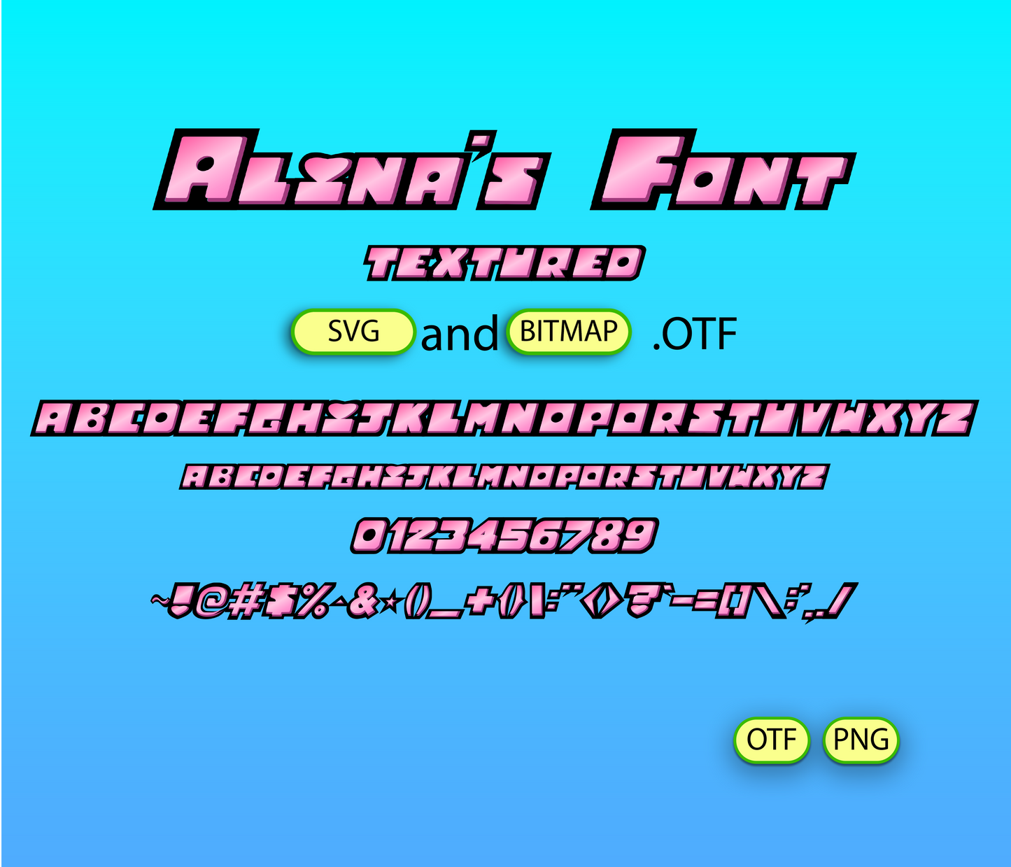 Display of 'Alena's Font' with text and icons on a blue background