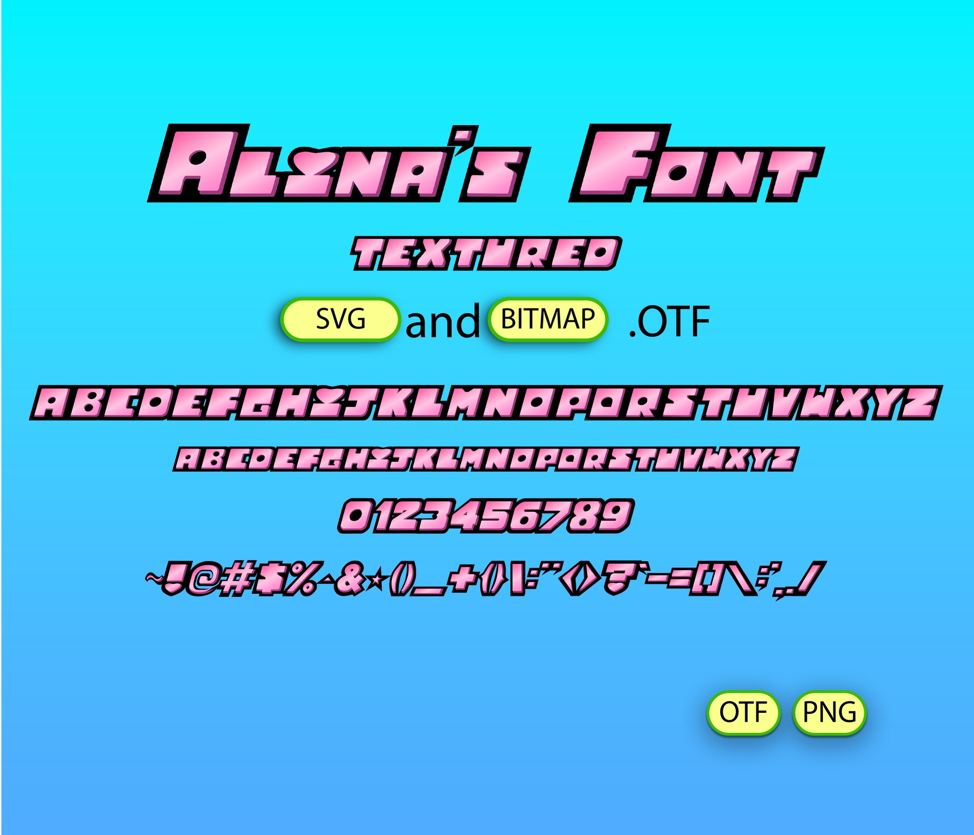 Display of 'Alena's Font' with text and icons on a blue background