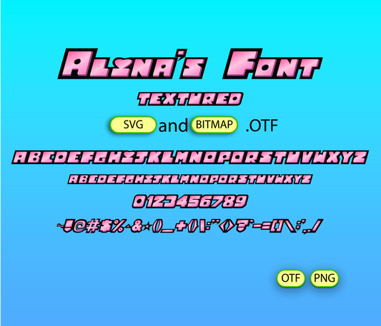 Display of 'Alena's Font' with text and icons on a blue background