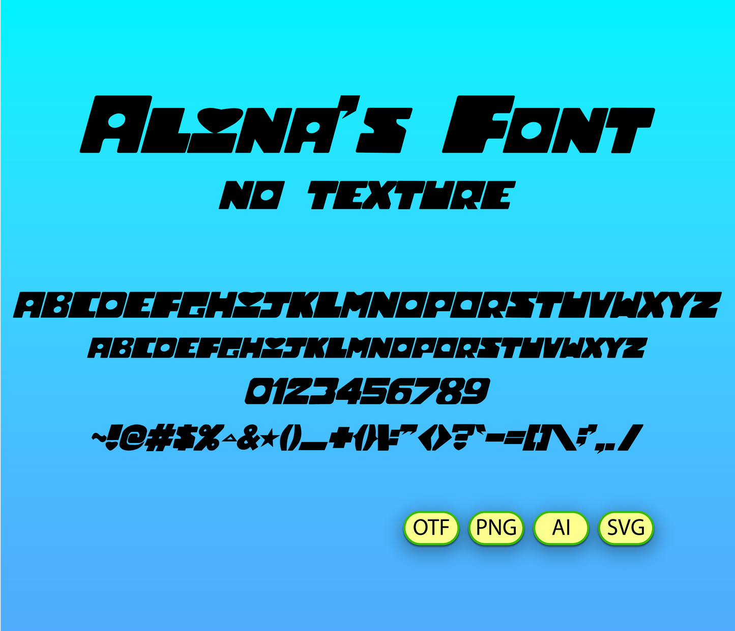 Display of 'Alena's Font' on a blue background with available file formats.