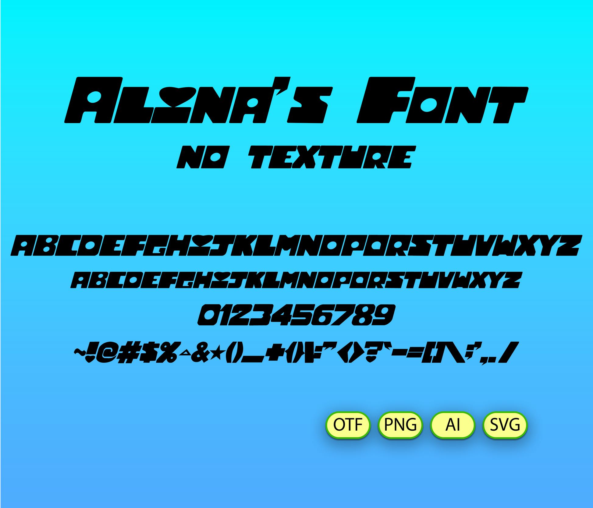 Display of 'Alena's Font' on a blue background with available file formats.