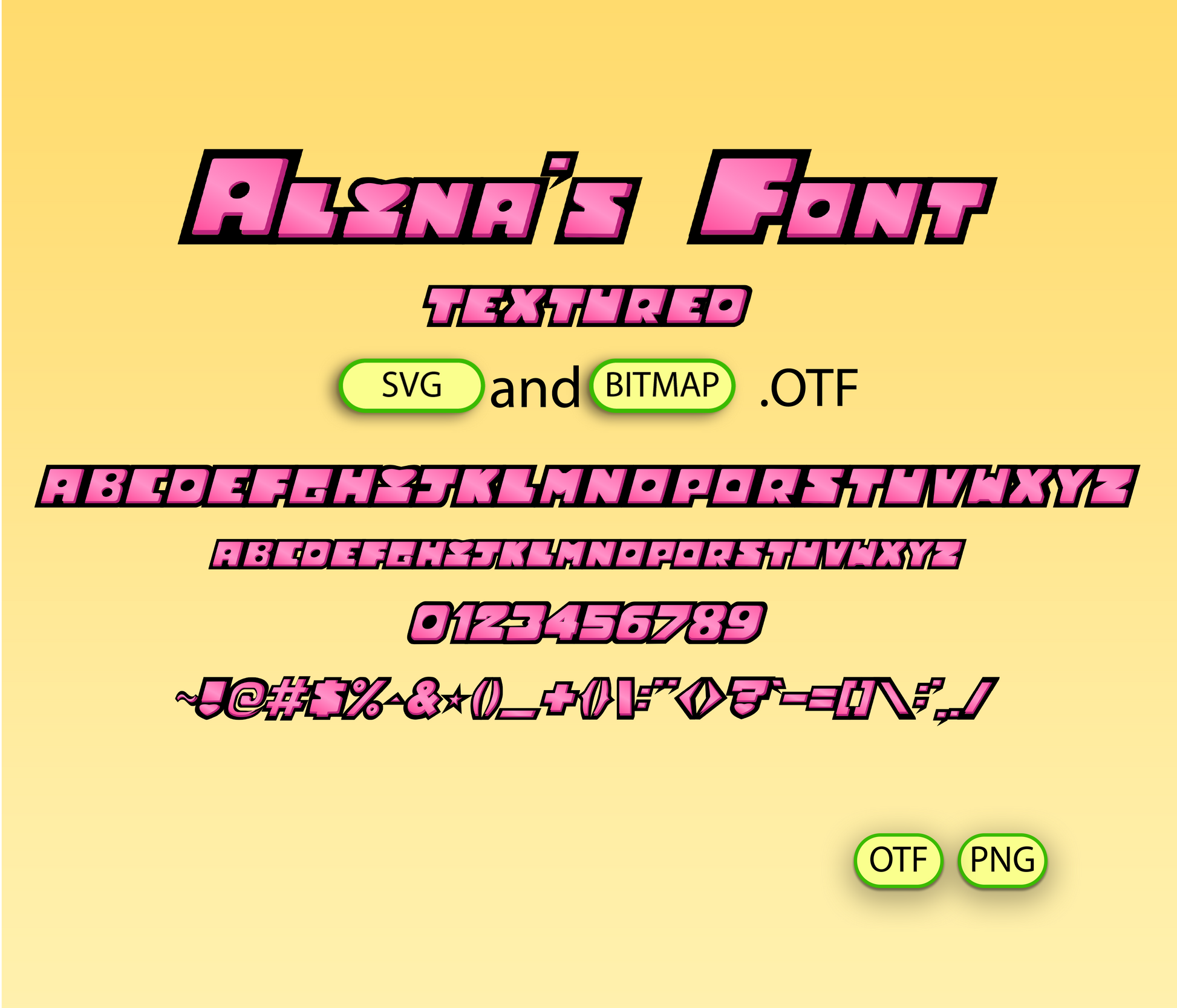 Display of 'Alena's Font' with text and character examples on a yellow background