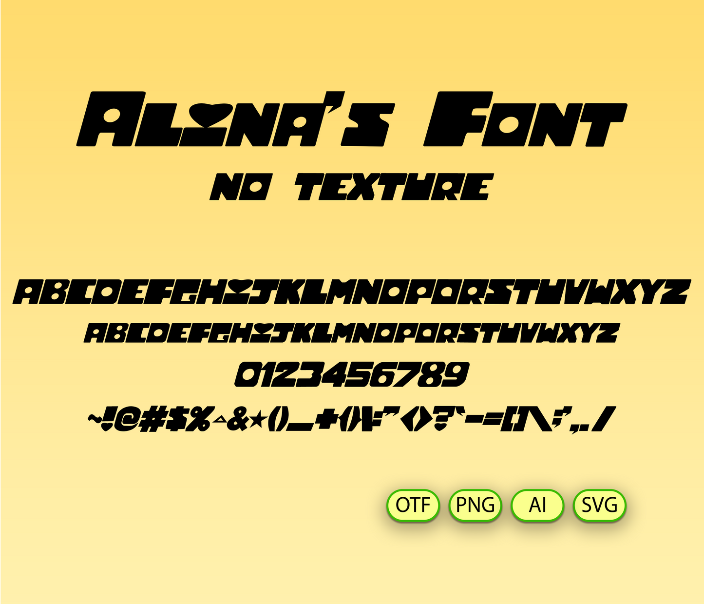 Display of 'Alina's Font' on a yellow background with text and file format options.