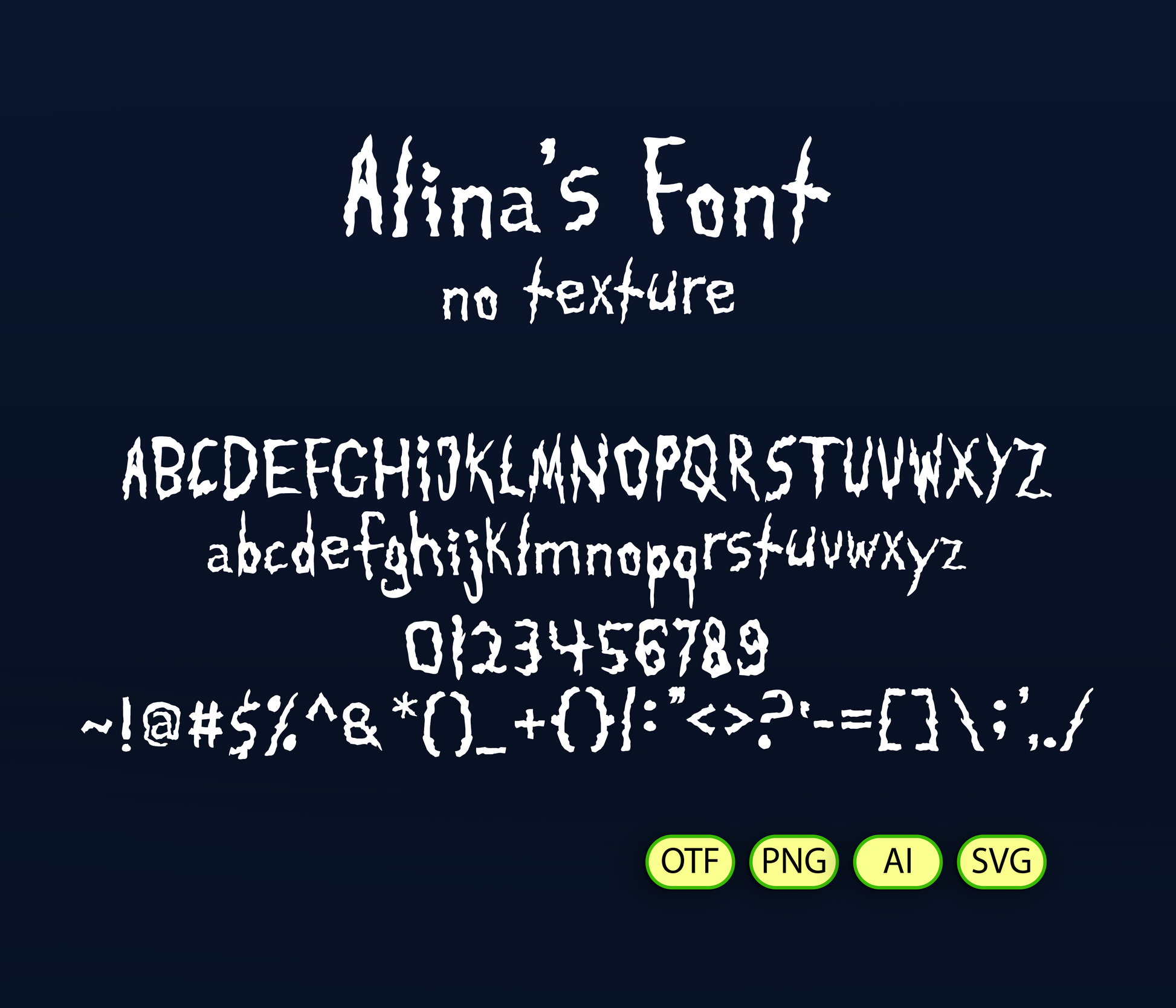 Display of 'Alfina's Font' with text and file format options on a dark background
