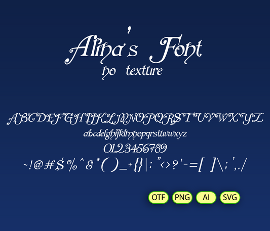 Display of 'Alina's Font' on a blue background with text and icons for file formats.
