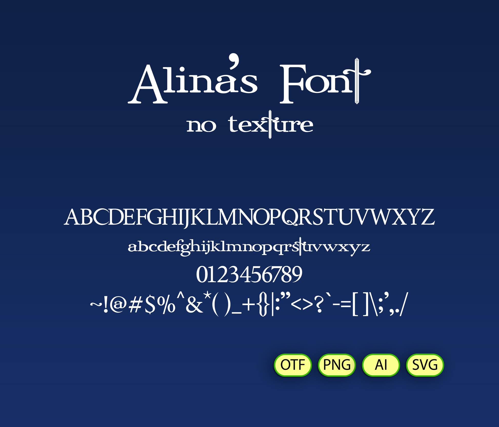 Display of 'Alina's Font' with text and file format options on a blue background