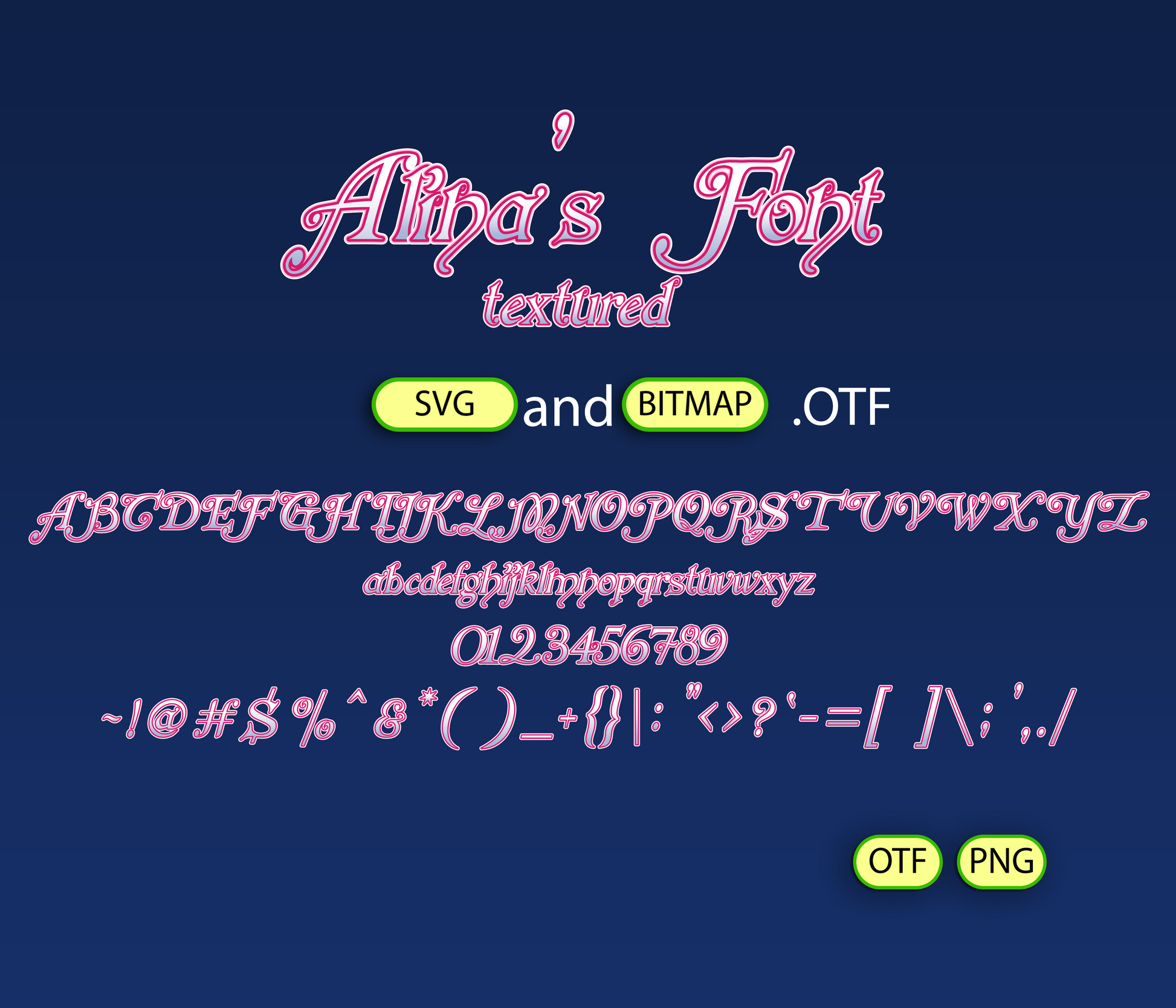Display of 'Alita's Font' with text and icons on a dark blue background