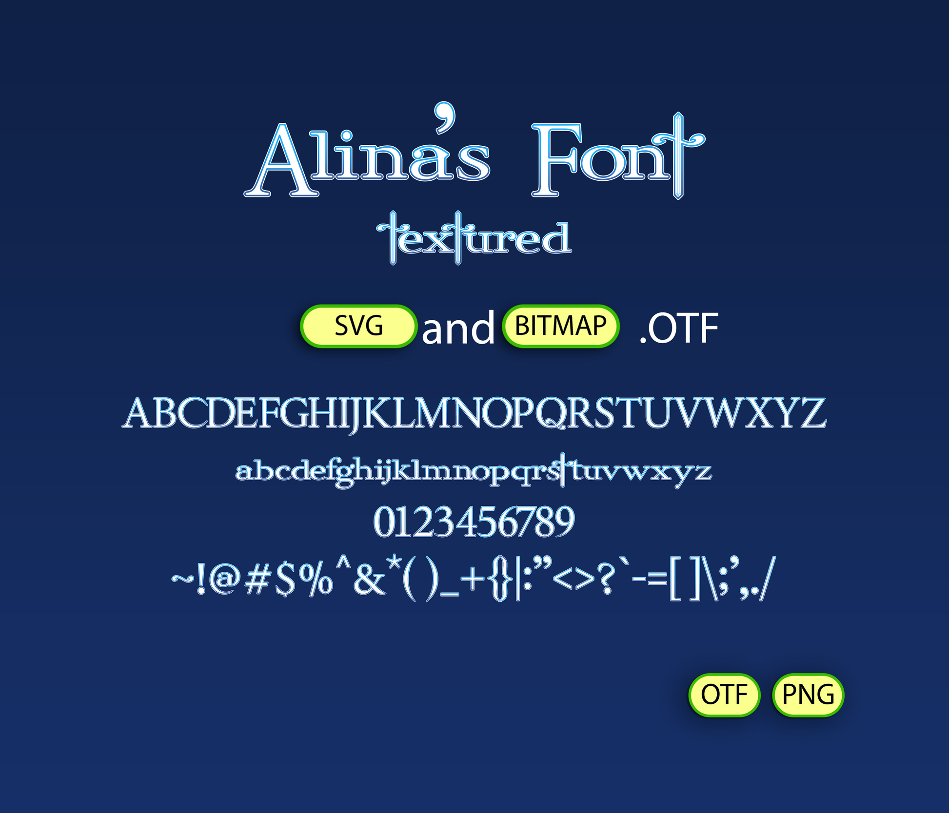 Display of 'Alina's Font' with text and file format options on a blue background