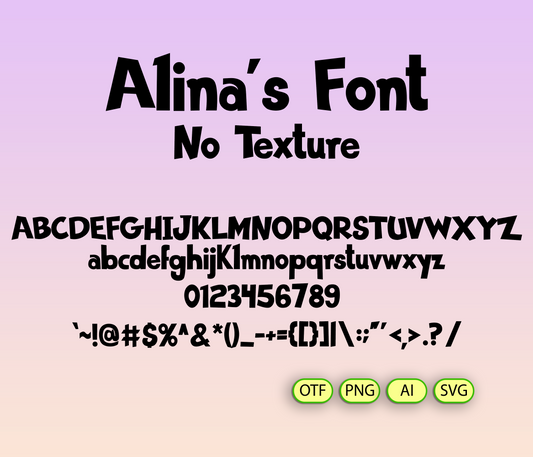 Display of 'Alina's Font' with text and symbols on a gradient background