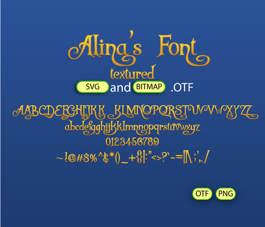 Display of 'Alina's Font' with text and icons on a blue background