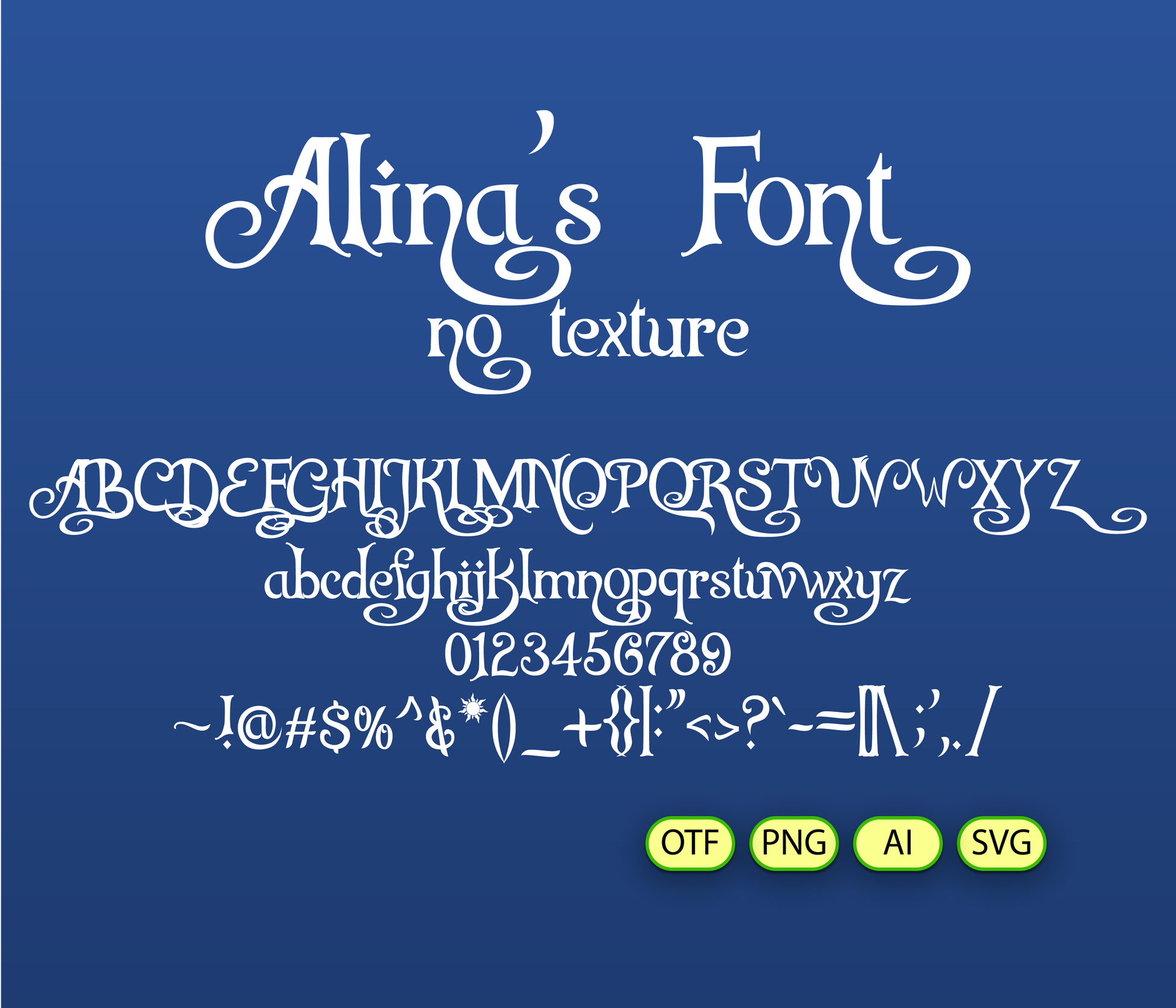 Alina's Font on a blue background with font options displayed.