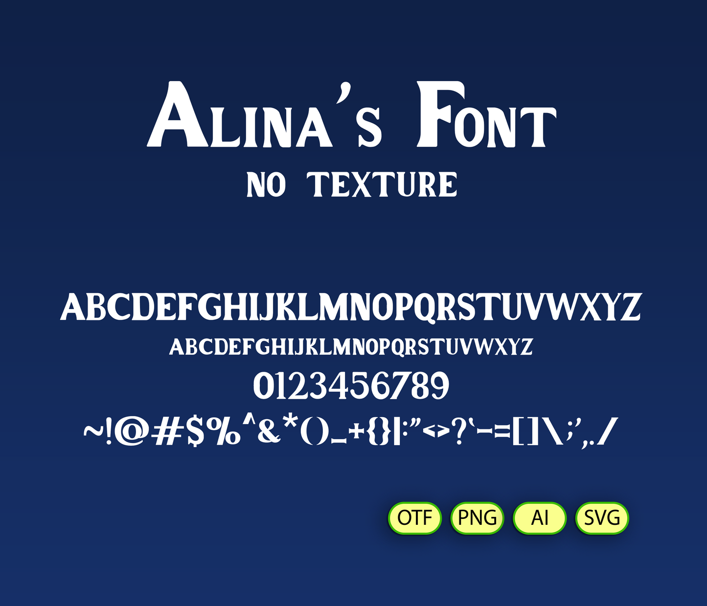 Display of 'Alina's Font' with letter and number examples on a blue background.