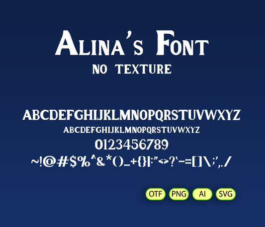 Display of 'Alina's Font' with letter and number examples on a blue background.