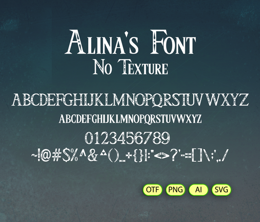 Alina's Font display with letters and numbers on a textured dark background