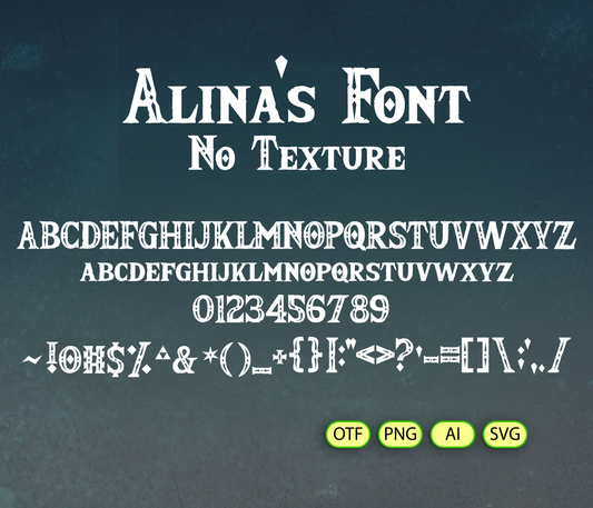 Alina's Font display with alphabet and numbers on a textured dark background